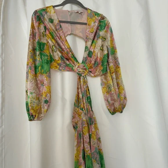 Pink and Green Floral Print Satin Cut Out Open Back Maxi Dress Size Medium - Picture 5 of 9